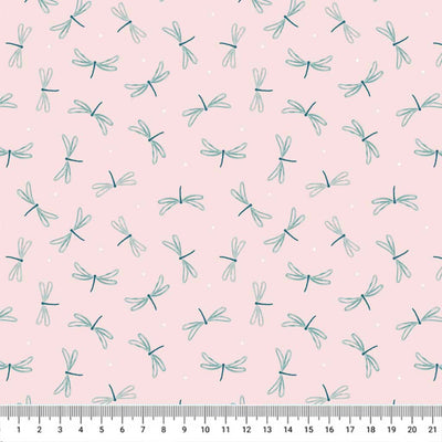 Ditsy dragonflies printed on a pink cotton quilting fabric by Lewis & Irene