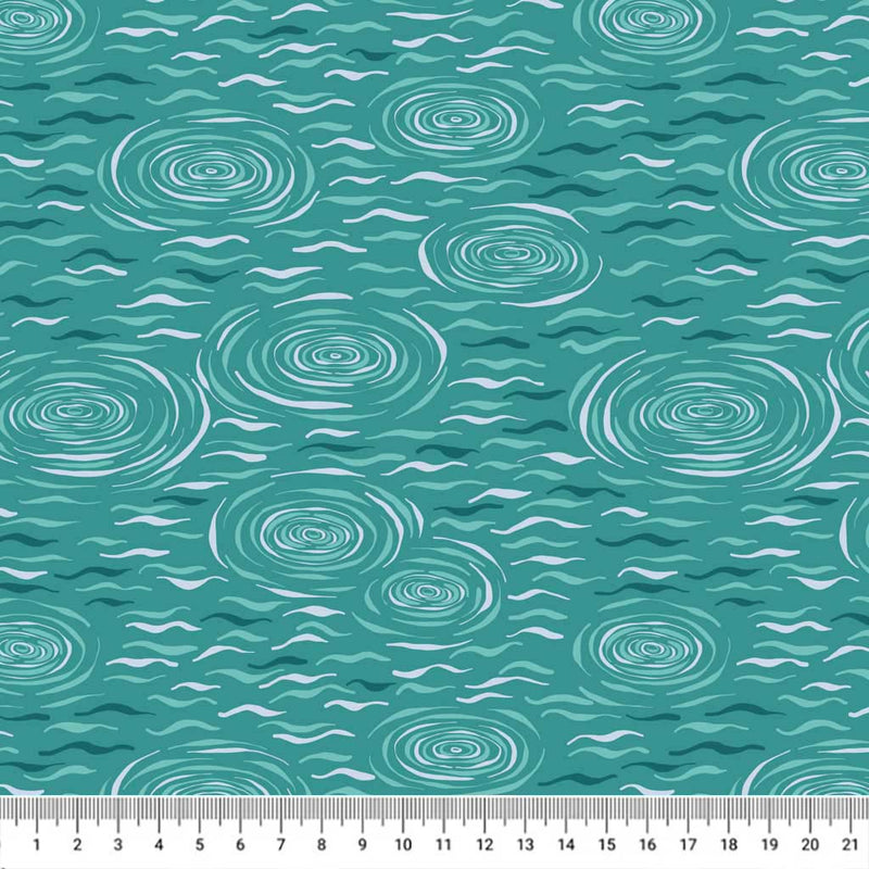 Water ripples printed on a turquoise cotton quilting fabric by Lewis & Irene