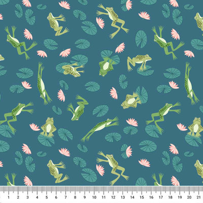 Frogs and lily pads printed on a cotton quilting fabric by Lewis & Irene