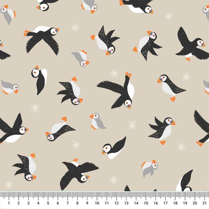 Puffins in flight printed on a cotton quilting fabric by Lewis & Irene