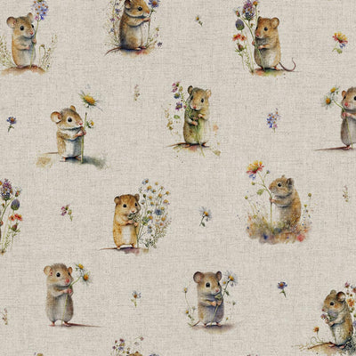 Cute little field mice holding flowers are printed on a linen look panama craft canvas fabric
