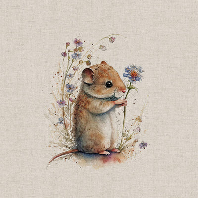 A field mouse holding a flower printed on a linen look craft canvas fabric