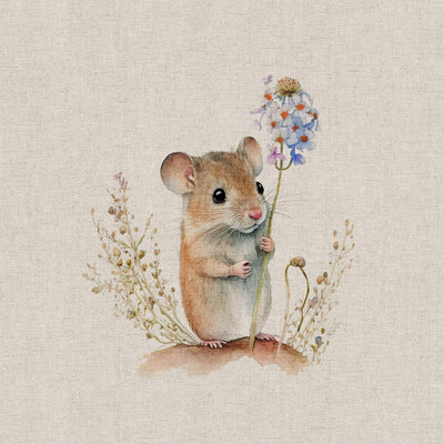 A field mouse holding a flower printed on a linen look craft canvas fabric