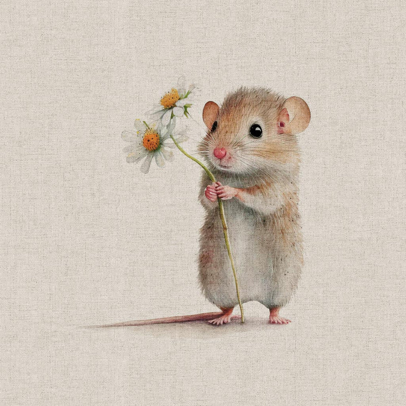A field mouse holding a daisy printed on a linen look craft canvas fabric