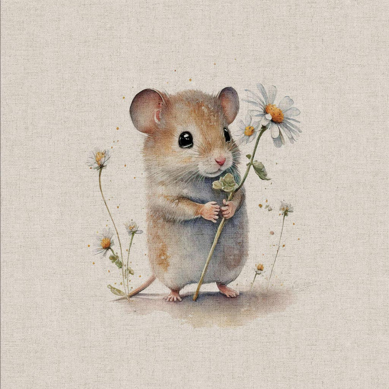 A field mouse holding a fdaisy printed on a linen look craft canvas fabric