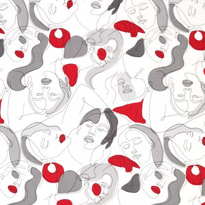 Line drawn faces with splashes of deep red and greys are printed on an ivory viscose fabric