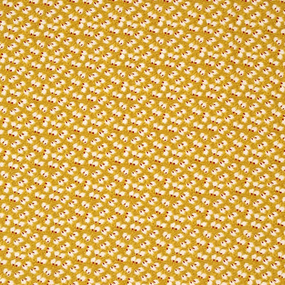 Ditsy white and wine coloured petals are printed on a mustard viscose dressmaking fabric flat