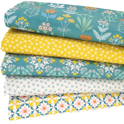 Five teal and mustard coloured floral printed cotton fabrics in a fat quarter bundle