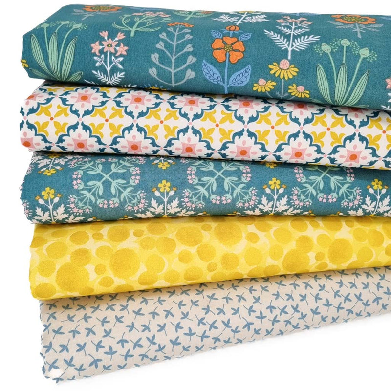 Five teal and mustard coloured floral printed cotton fabrics in a fat quarter bundle