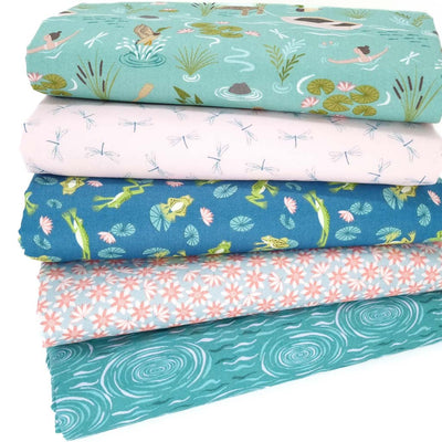 A fat quarter bundle of five lake themed prints including frogs, ducks and dragonflies