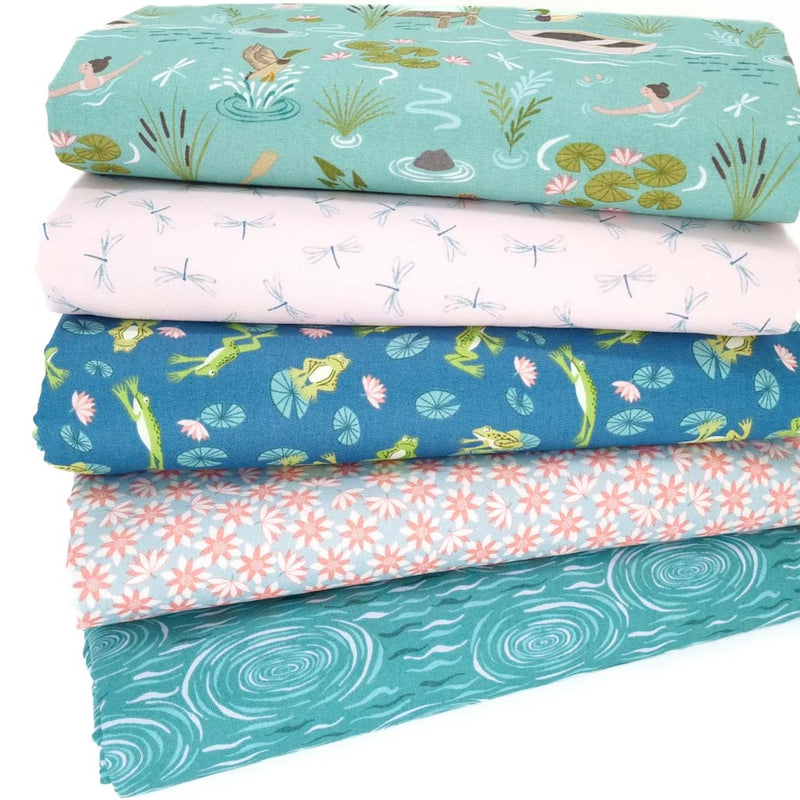 A fat quarter bundle of five lake themed prints including frogs, ducks and dragonflies