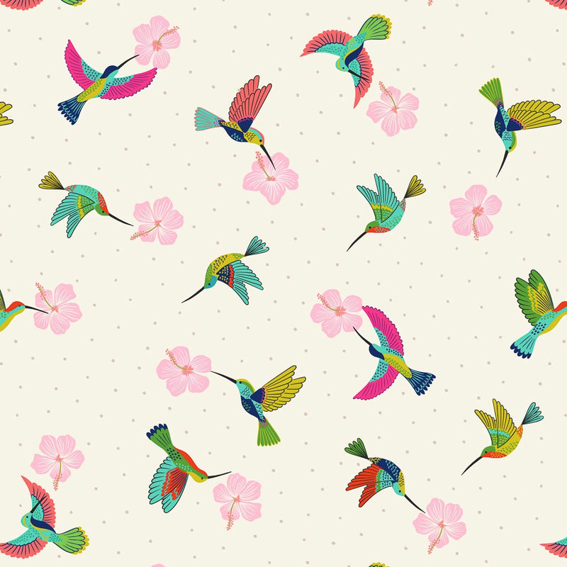Hummingbirds printed on a cream cotton fabric