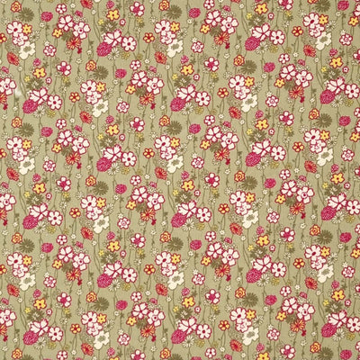A retro floral design printed on a sage green cotton needlecord fabric