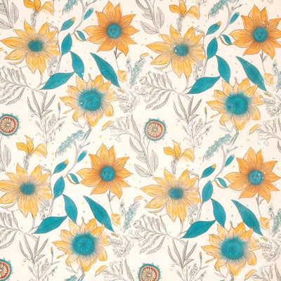 Teal and orange sunflowers are printed on a polycotton broderie anglaise fabric