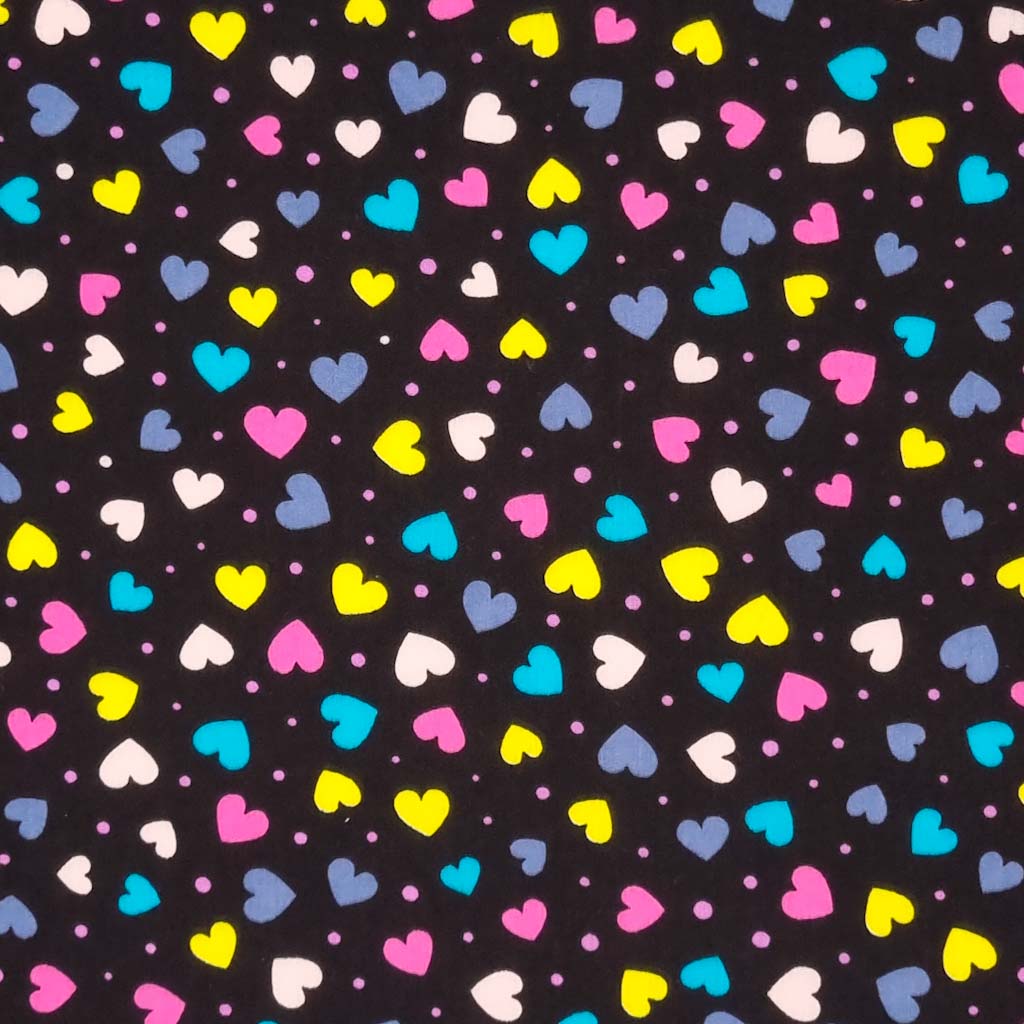 Ditsy Hearts On Black Polycotton Fabric Fabric Love