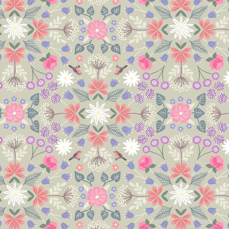 Robins and flowers are printed on a muted sage premium quilting cotton