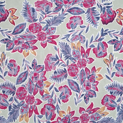 Deep red leaves and florals printed on a sage green tencel fabric