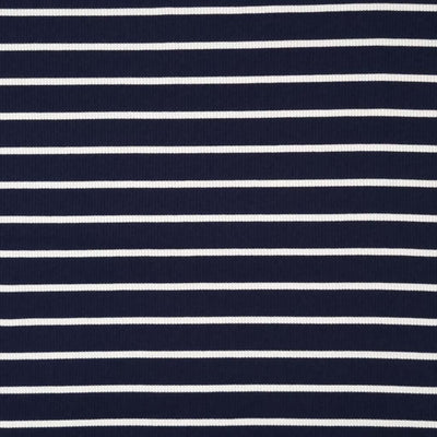 A navy ribbed viscose jersey fabric with white stripes