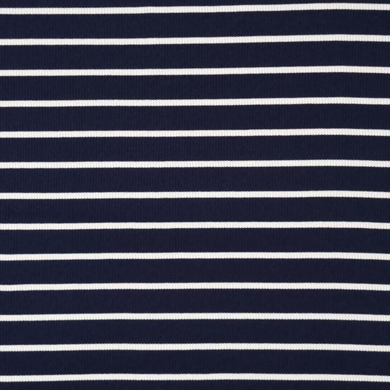 A navy ribbed viscose jersey fabric with white stripes