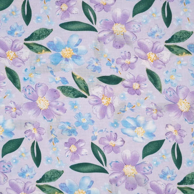 Pretty blue coloured flowers are printed on a quality woven viscose fabric.