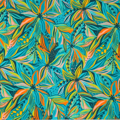 Tropical florals in orange and turquoise printed on a viscose fabric
