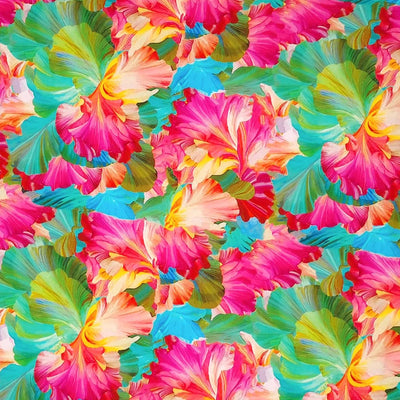 Delicate pink and orange petals with turquoise and green leaves printed on a viscose fabric