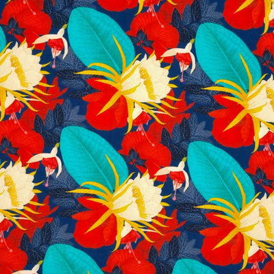 Tropical florals in reds and turquoise on a navy background printed on a viscose fabric