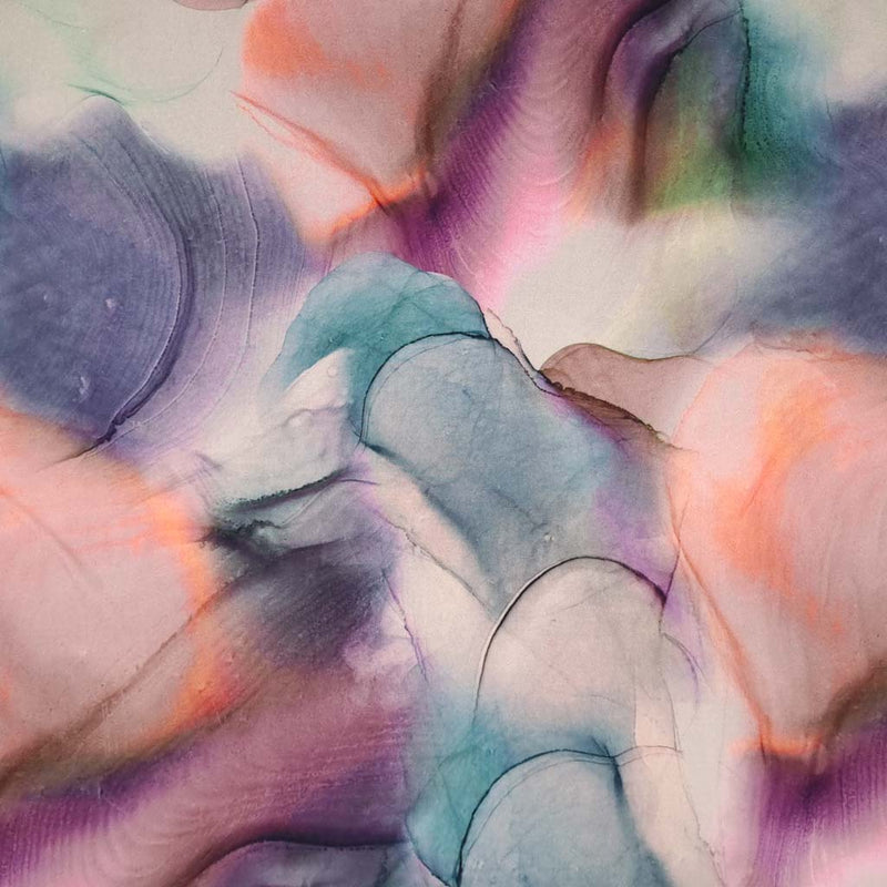 Viscose fabric with flowing ink design in pink and purple flat