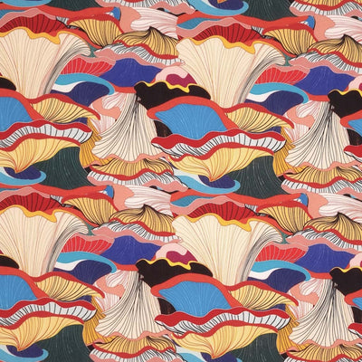 Oyster mushrooms in blues, reds and yellows on a black viscose fabric