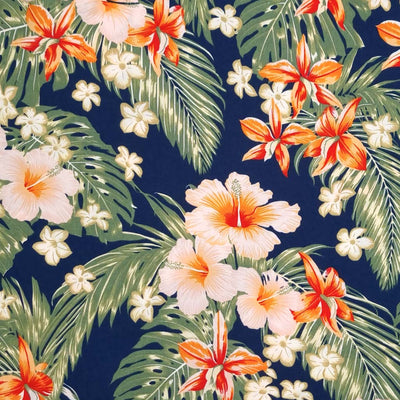 A navy viscose fabric printed with orange lily flowers