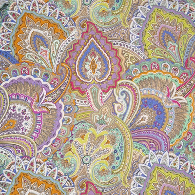 A viscose fabric printed with pastel coloured paisley print