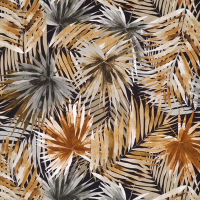 Golden and grey tropical leaves are printed on a black viscose fabric