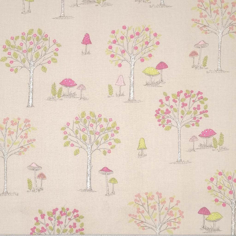 Trees and toadstools printed on a taupe cotton fabric