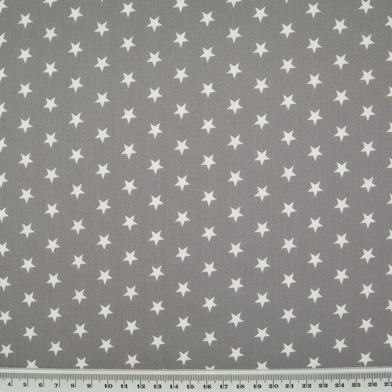 10mm White Star on Grey - 100% Cotton