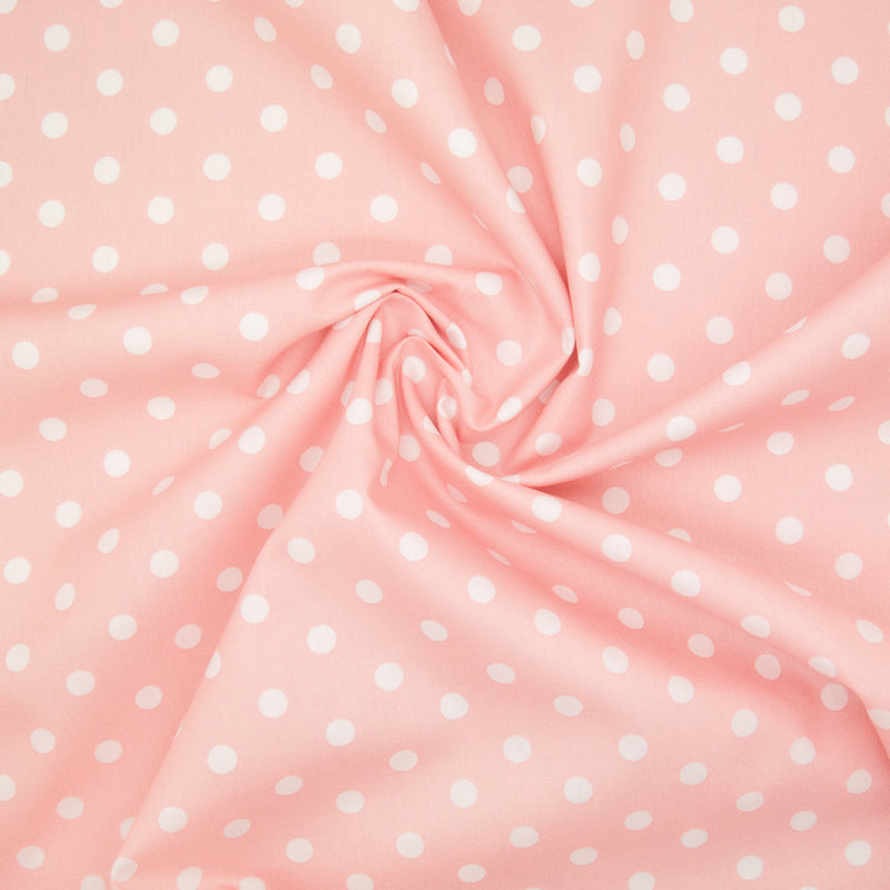 8mm White Pea Spot on Baby Pink - 100% Cotton