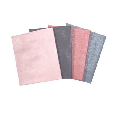 Four cotton fat quarters in blush pink and grey tones, printed with a foil shimmer