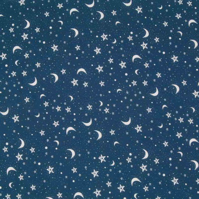 Small white stars and moons are printed in clusters on a blue polycotton fabric