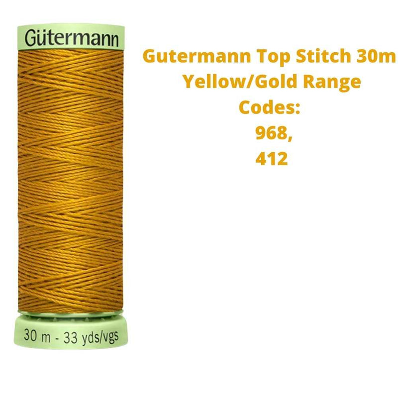 A reel of Gutermann top stitich thread with the codes of all Gutermann yellow/gold thread available in the listing
