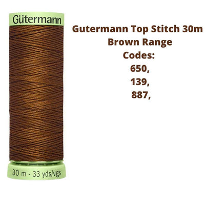 A reel of Gutermann top stitich thread with the codes of all Gutermann brown thread available in the listing