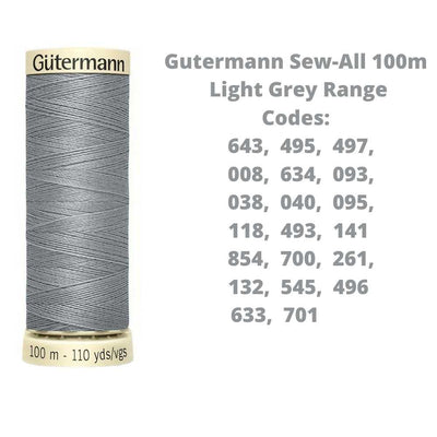 A reel of Gutermann sew-all thread with the codes of all Gutermann light grey thread available in the listing