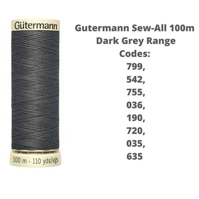 A reel of Gutermann sew-all thread with the codes of all Gutermann grey thread available in the listing