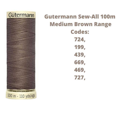 A reel of Gutermann sew-all thread with the codes of all Gutermann medium brown thread available in the listing