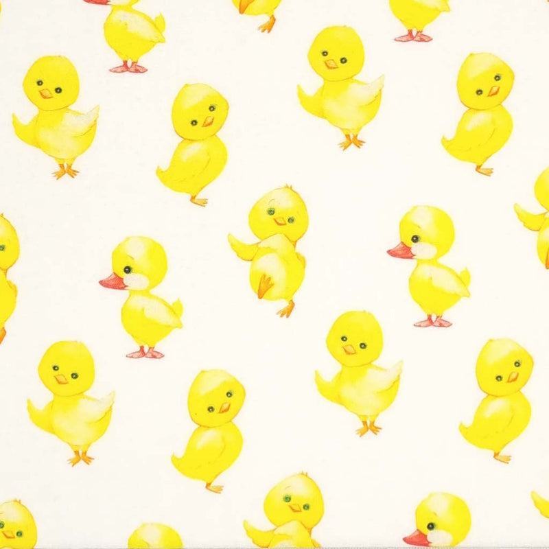 Cute easter chicks are printed on a quality white 100% cotton fabric. 