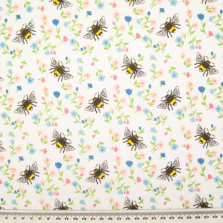 Bee & Flower on White - Polycotton Fabric