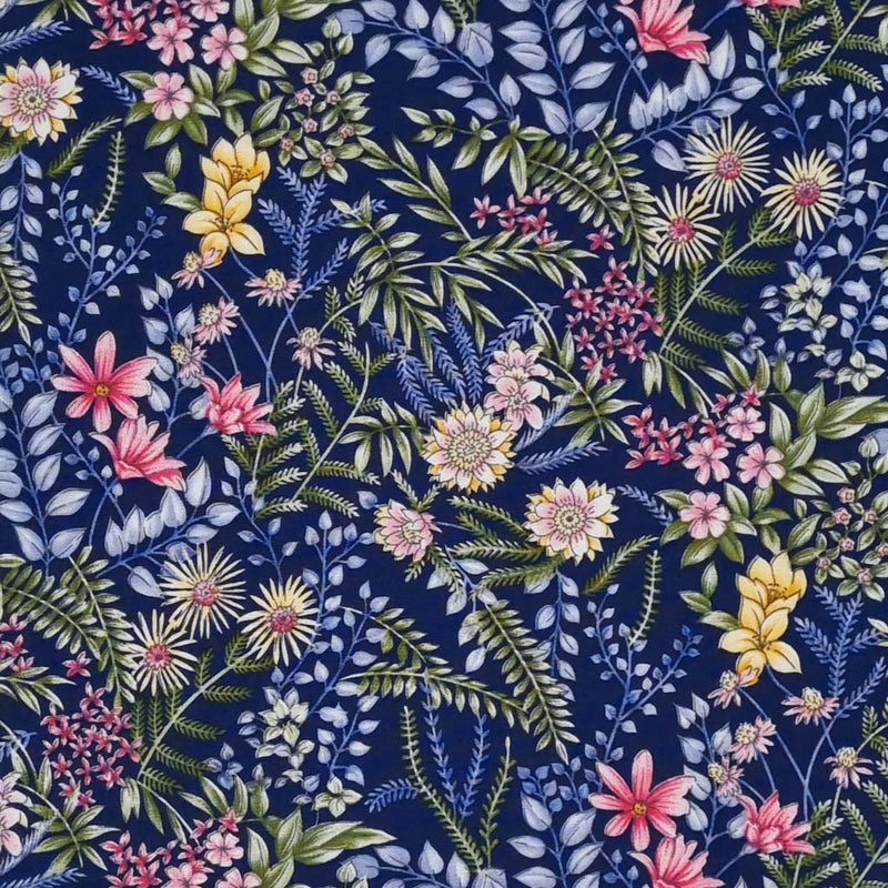 A stunning Rose & Hubble floral design with anemone florals on a navy blue, 100% cotton poplin fabric