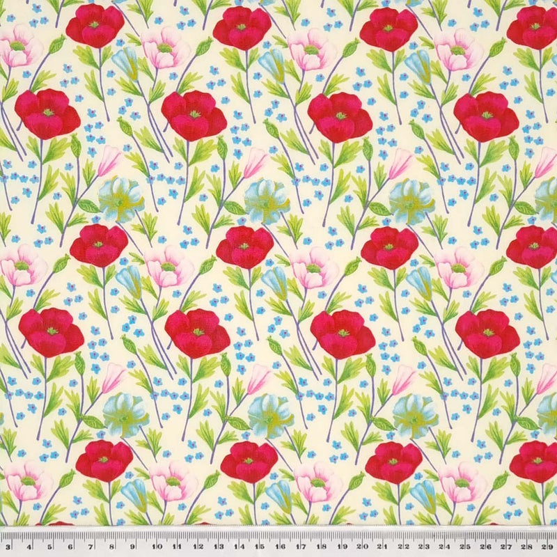 Pretty deep cerise poppies and sky blue crocus are printed on a cream cotton poplin fabric by Rose & Hubble with a cm ruler