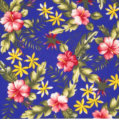 A tropical sunshine floral design printed on an indigo, lightweight cotton poplin fabric