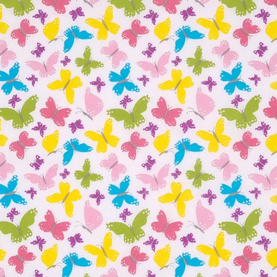 Small pink, blue, yellow and green butterflies in a tight pattern printed on a white polycotton fabric