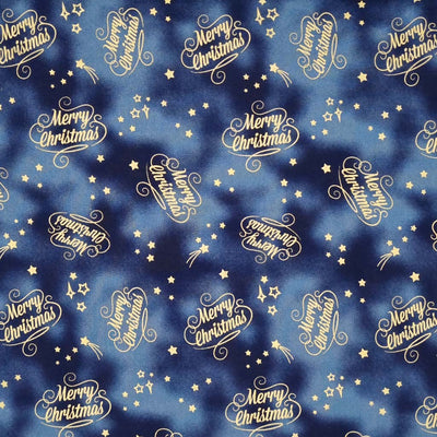 Printed metallic shooting stars and regular stars surround the text 'Merry Christmas' on this navy 100% cotton marbled effect fabric.