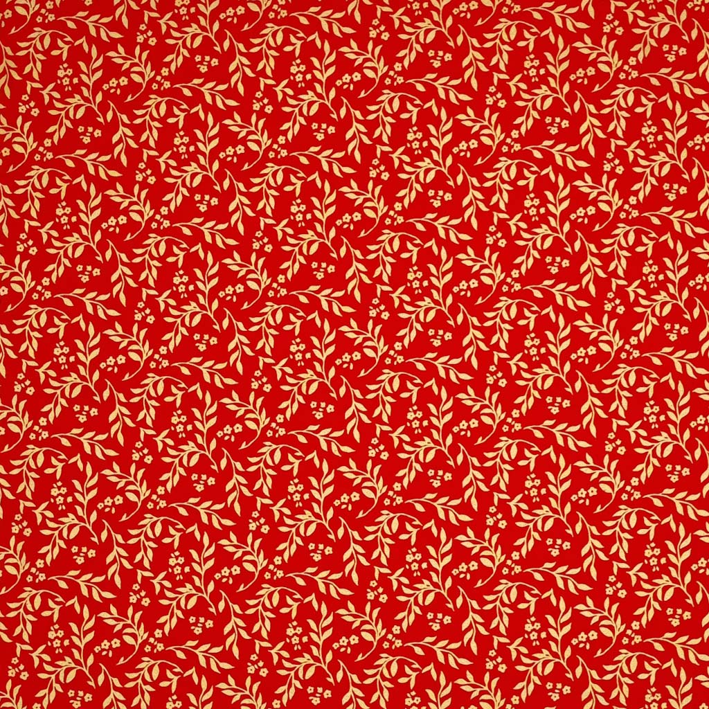 Christmas Cotton Fabric Floral Metallic Christmas Leaves on Red